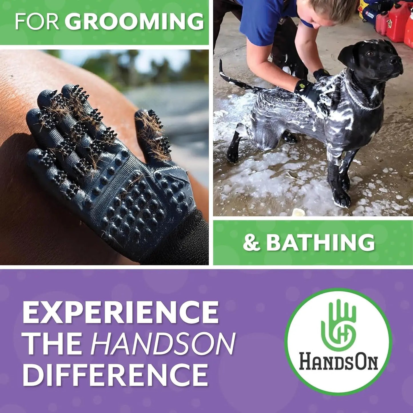 H HANDSON Pet Grooming Gloves - Patented #1 Ranked, Award Winning Shedding, Bathing, & Hair Remover Gloves - Gentle Brush for Cats, Dogs, and Horses (Grey, Large) HANDS ON EQUINE LLC