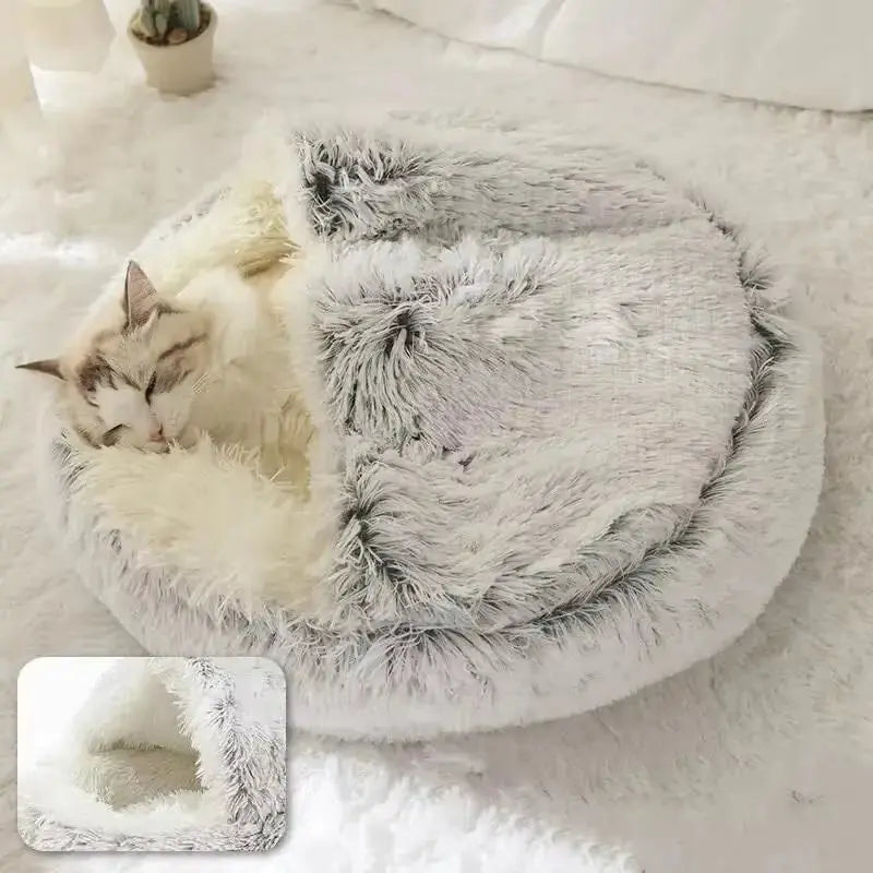 Plush Hooded Pet Bed round Fluffy Soft Cat Bed Pet Cushion Warm Cat Dog 2 in 1 Sleeping Nest Cave for Small Dogs Excel Pets