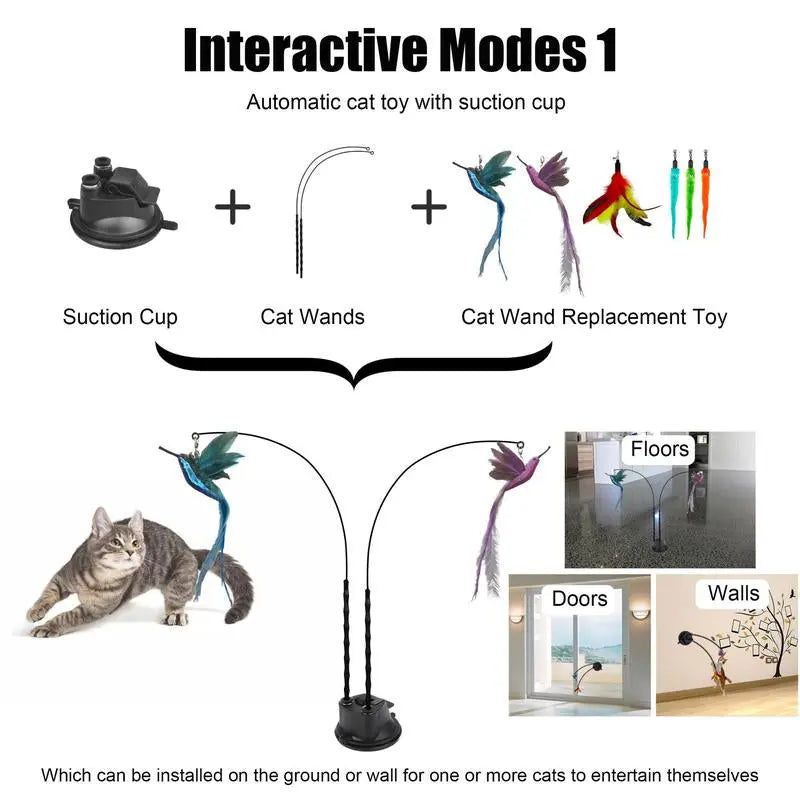2 Wands with Base & 6 Feather Interactive Cat Toy Set Excel Pets