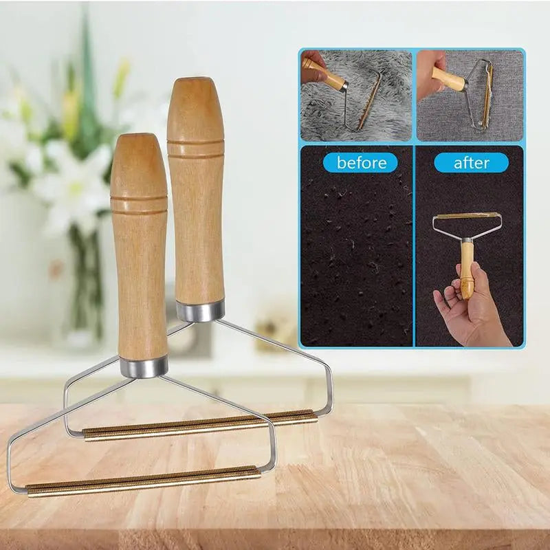 Eco-friendly wooden handle lint remover with copper blades for pet hair and fuzz removal, showing before and after cleaning results.