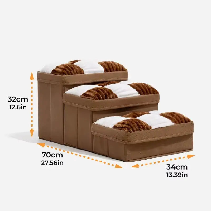 Foldable chessboard plaid dog stairs with cushioned steps and built-in storage, measuring 70x34x32 cm, ideal for small to medium dogs and pets with joint issues.