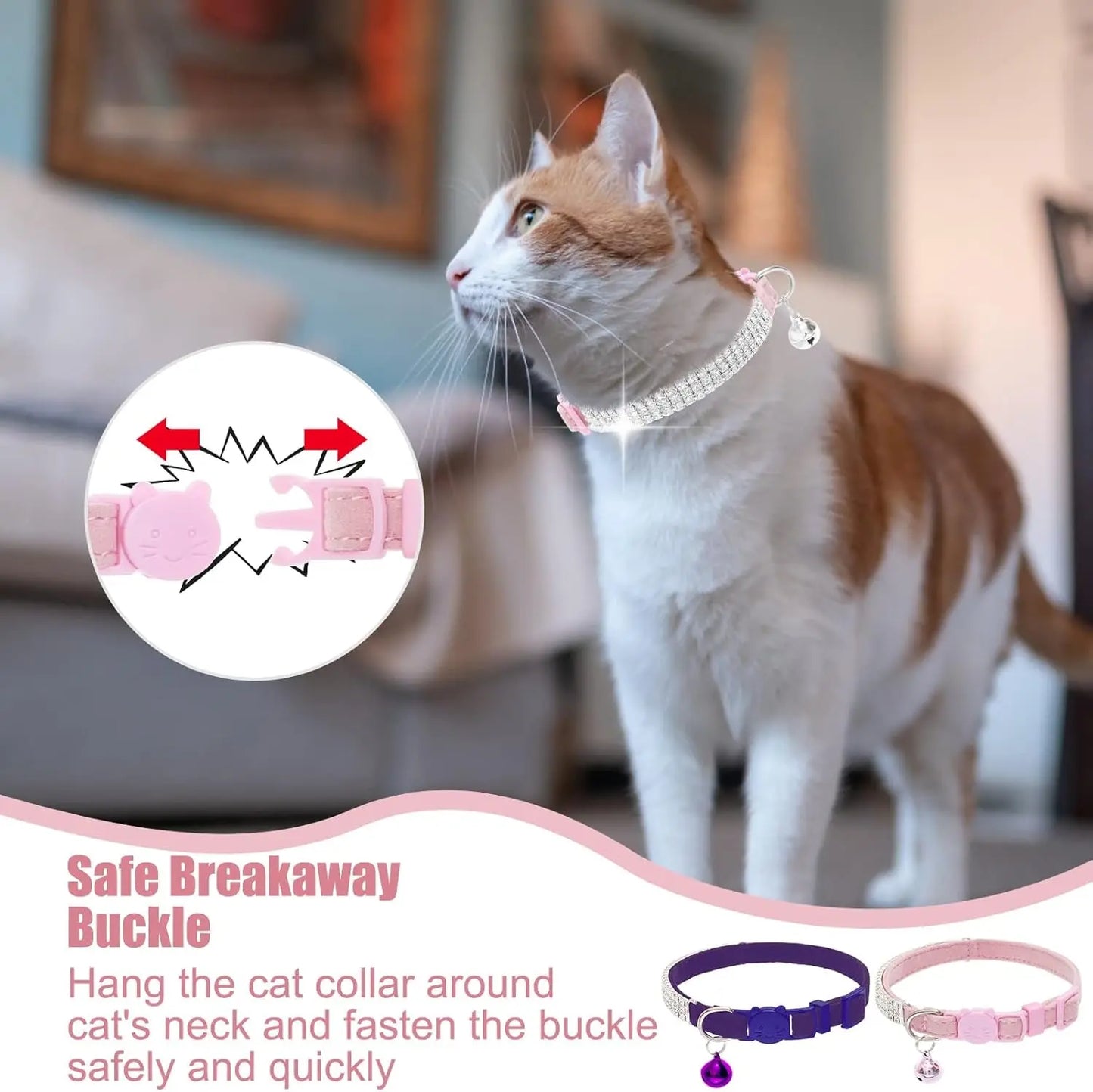 EXPAWLORER Soft Velvet Breakaway Cat Collars with Rhinestones - 2 Pack Adjustable Christmas Gifts for Cats and Small Dogs EXPAWLORER
