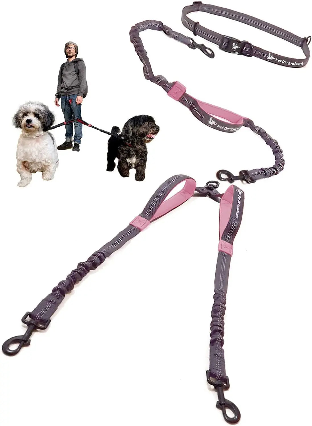 Unleash the Fun: Pet Dreamland's Hands-Free Double Dog Leash for Your Dynamic Duo (Dark Grey & Pink) – Perfect for Jogs, Walks, and Shenanigans! Pet Dreamland