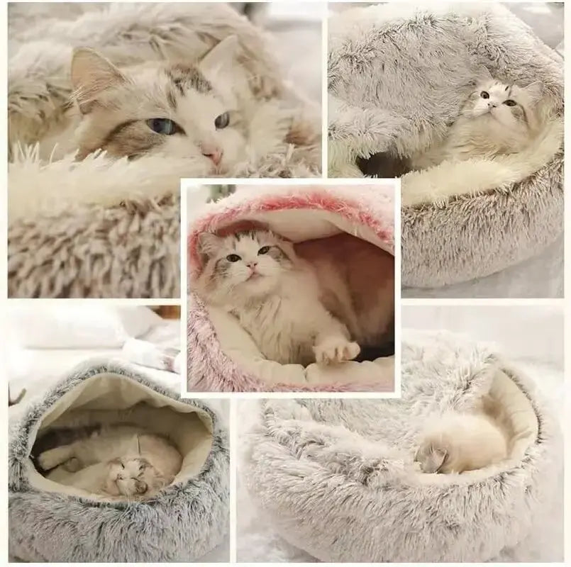 Plush Hooded Pet Bed round Fluffy Soft Cat Bed Pet Cushion Warm Cat Dog 2 in 1 Sleeping Nest Cave for Small Dogs Excel Pets