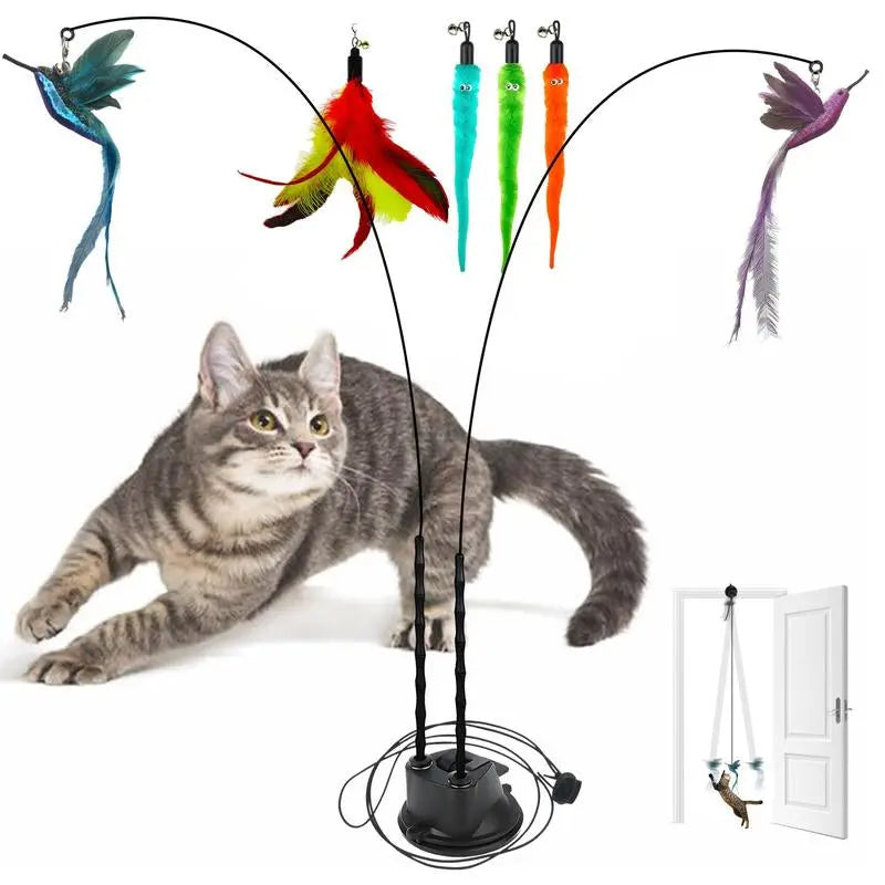 2 Wands with Base & 6 Feather Interactive Cat Toy Set Excel Pets