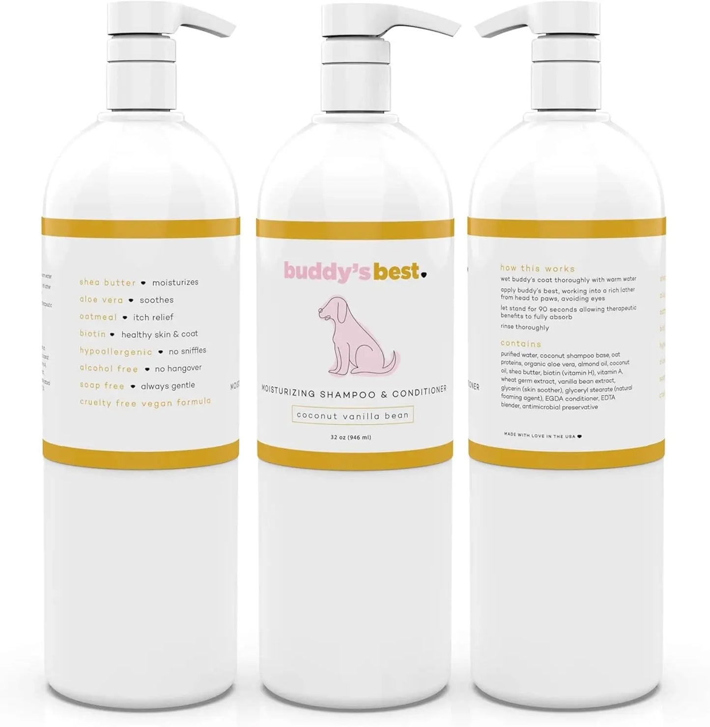 Transform Bath Time with Buddy's Best Dog Shampoo & Conditioner - Oatmeal Formula for Nourishing Sensitive Skin, Coconut Vanilla Scent, 32oz Buddy's Best