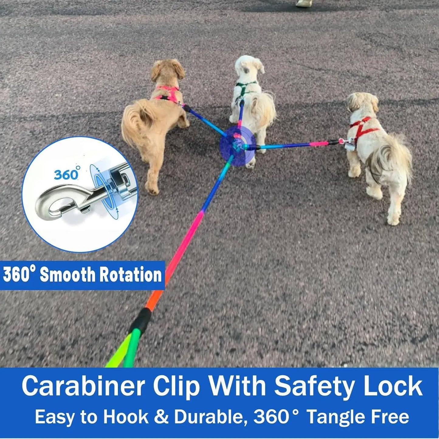 Heavy Duty 3 Dog Leash No Tangle Detachable 360° Swivel Device Multiple Dog Leash with Padded Handle for Two/Three Pets SonQueen