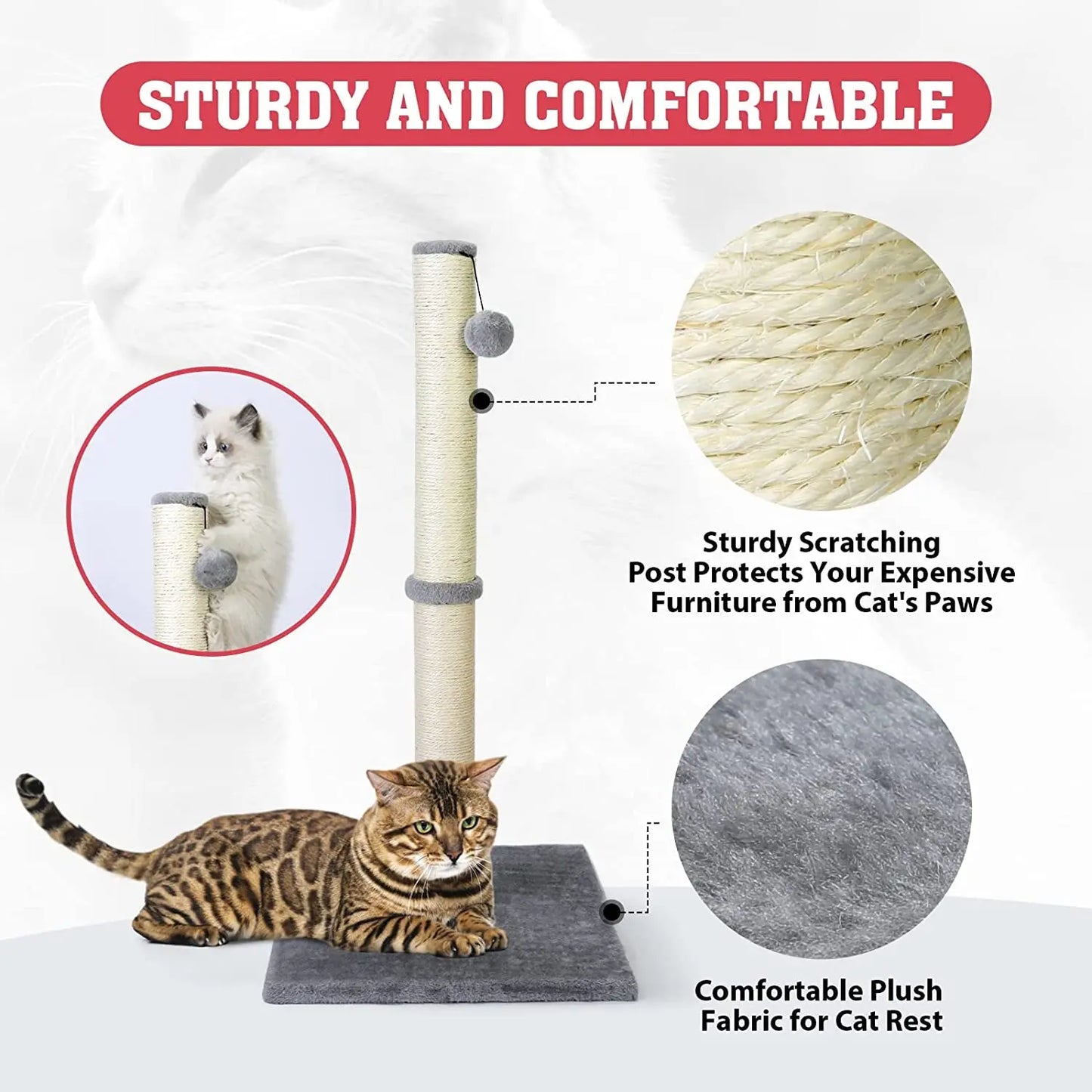 31'' Tall Cat Scratching Post - Cat Claw Scratcher with Hanging Ball - Scratching Posts for Indoor Large Cats - Durable Stable Cat Furniture with Sisal Rope - Cat Scratch Post-Grey Excel Pets