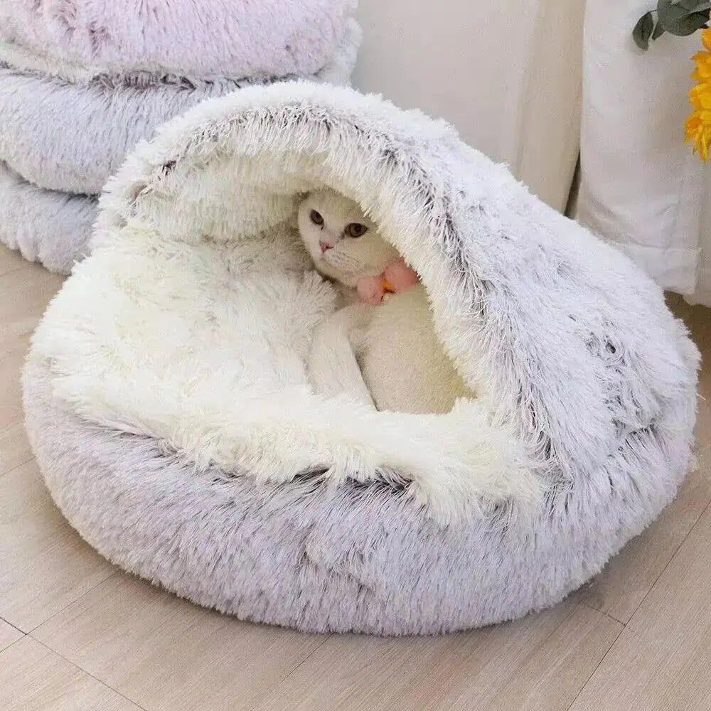 Plush Hooded Pet Bed round Fluffy Soft Cat Bed Pet Cushion Warm Cat Dog 2 in 1 Sleeping Nest Cave for Small Dogs Excel Pets