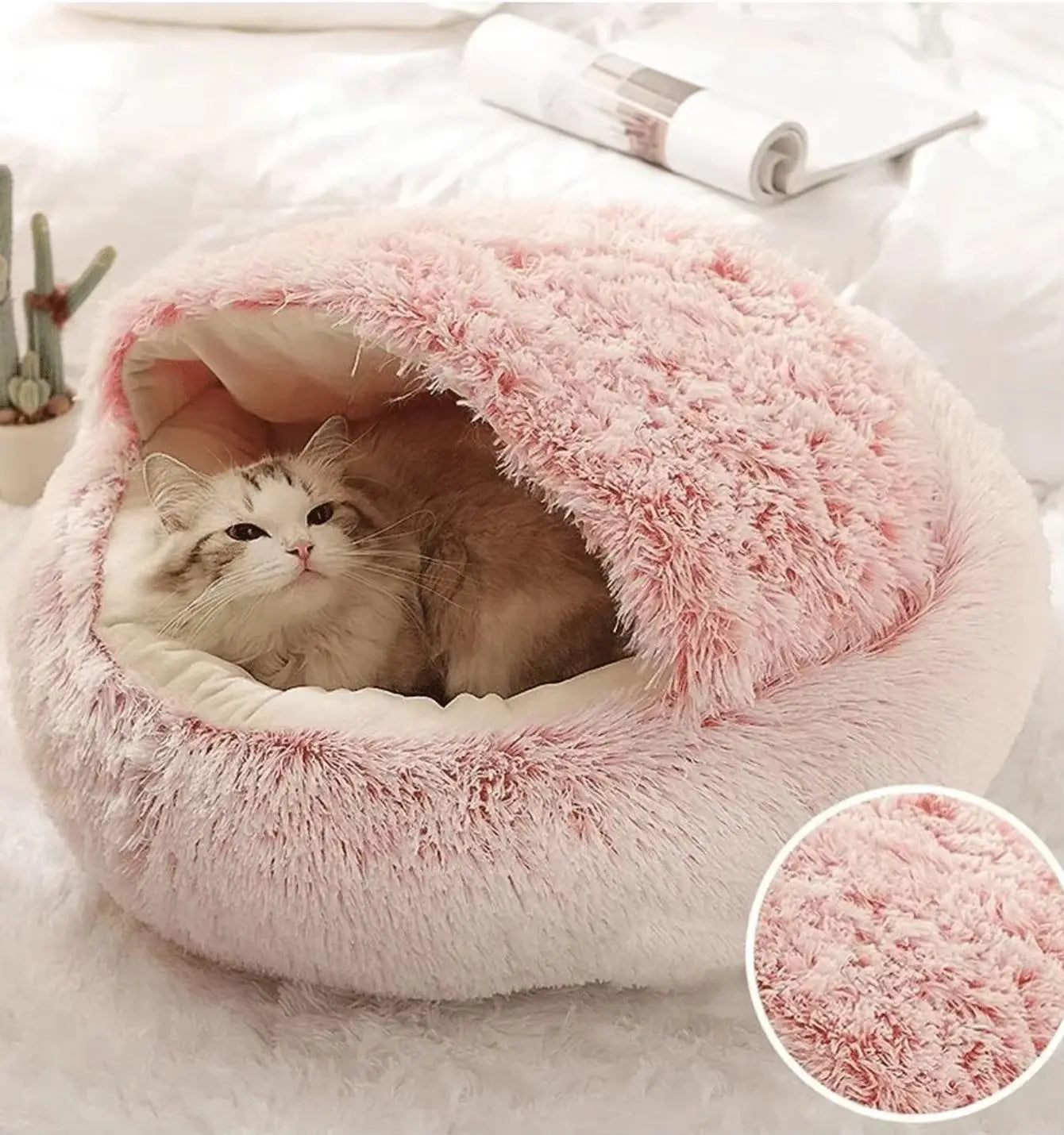 Plush Hooded Pet Bed round Fluffy Soft Cat Bed Pet Cushion Warm Cat Dog 2 in 1 Sleeping Nest Cave for Small Dogs Excel Pets