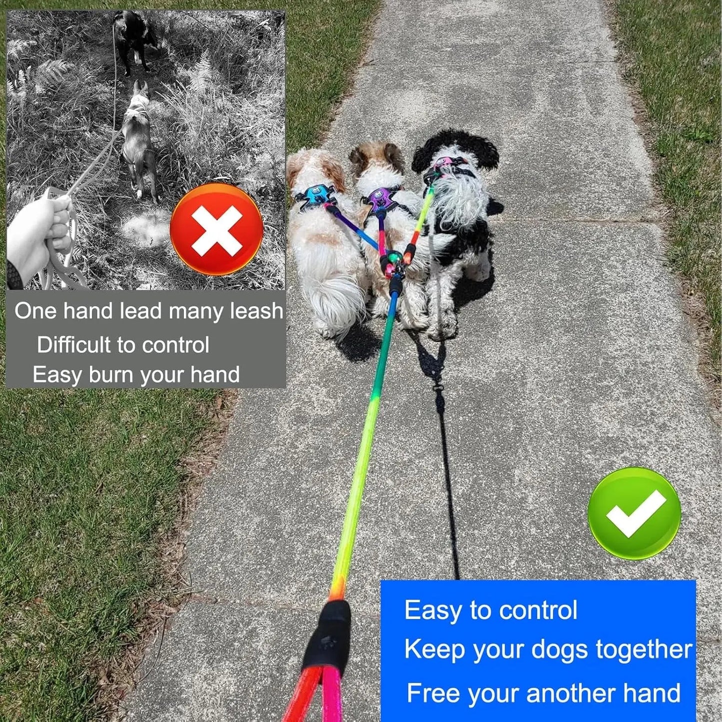 Heavy Duty 3 Dog Leash No Tangle Detachable 360° Swivel Device Multiple Dog Leash with Padded Handle for Two/Three Pets SonQueen