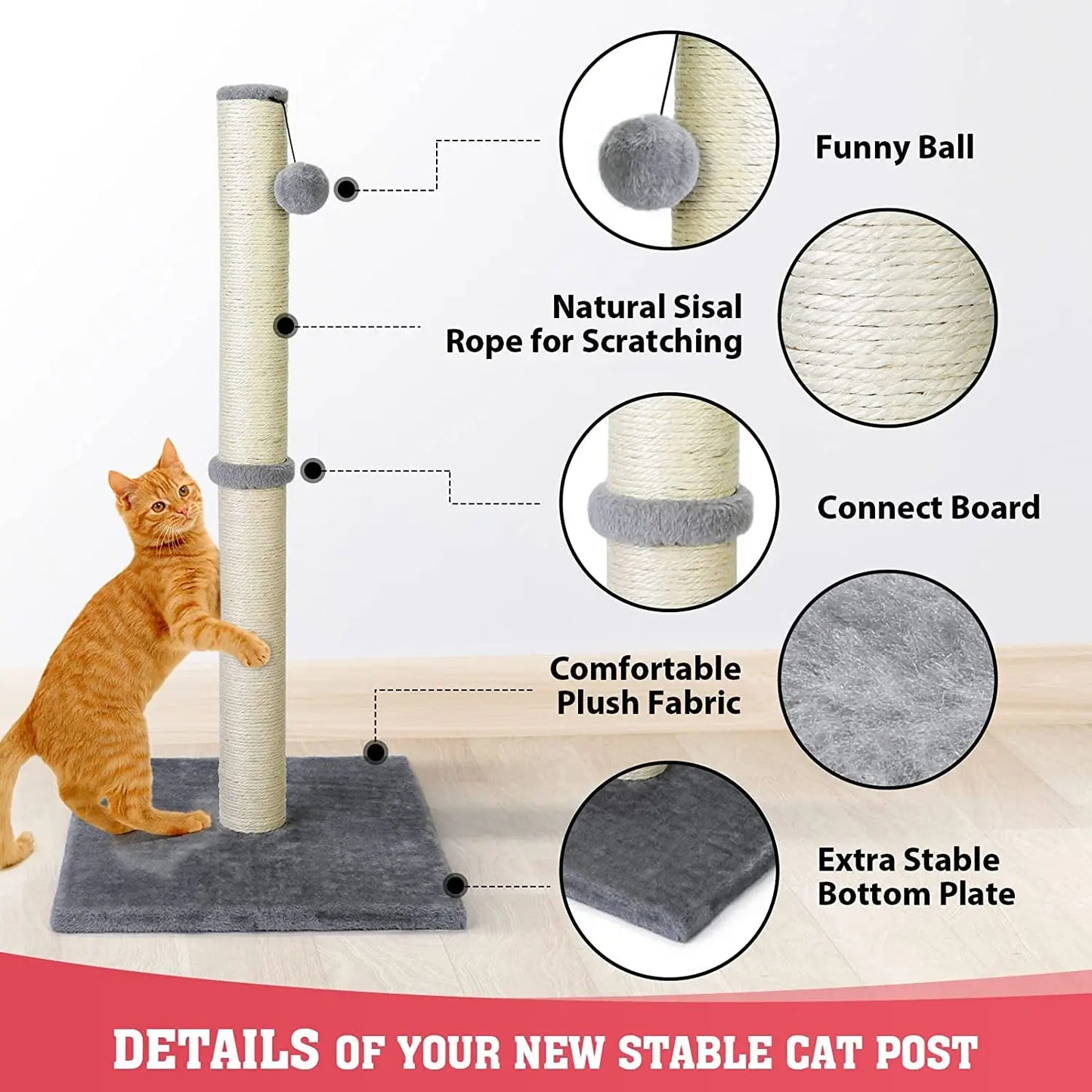 31'' Tall Cat Scratching Post - Cat Claw Scratcher with Hanging Ball - Scratching Posts for Indoor Large Cats - Durable Stable Cat Furniture with Sisal Rope - Cat Scratch Post-Grey Excel Pets