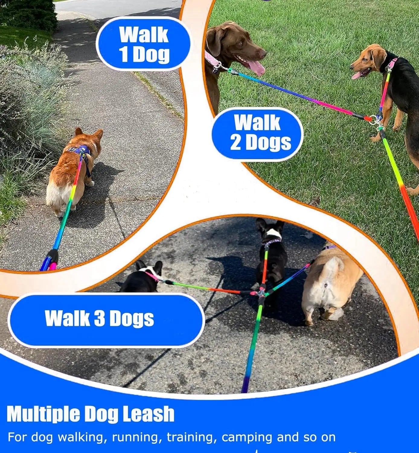 Heavy Duty 3 Dog Leash No Tangle Detachable 360° Swivel Device Multiple Dog Leash with Padded Handle for Two/Three Pets SonQueen