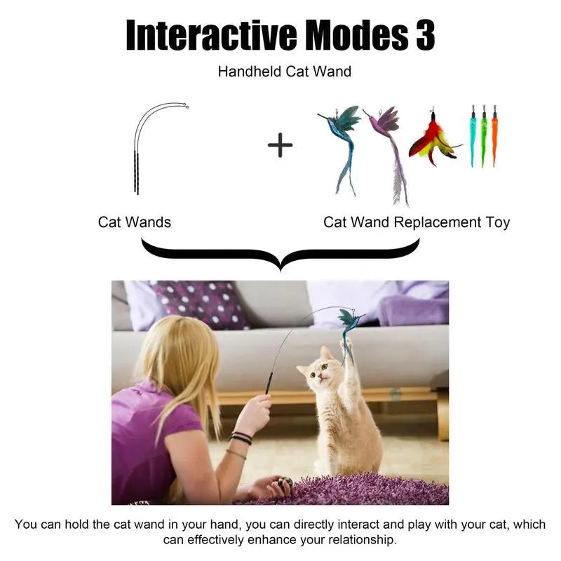 2 Wands with Base & 6 Feather Interactive Cat Toy Set Excel Pets
