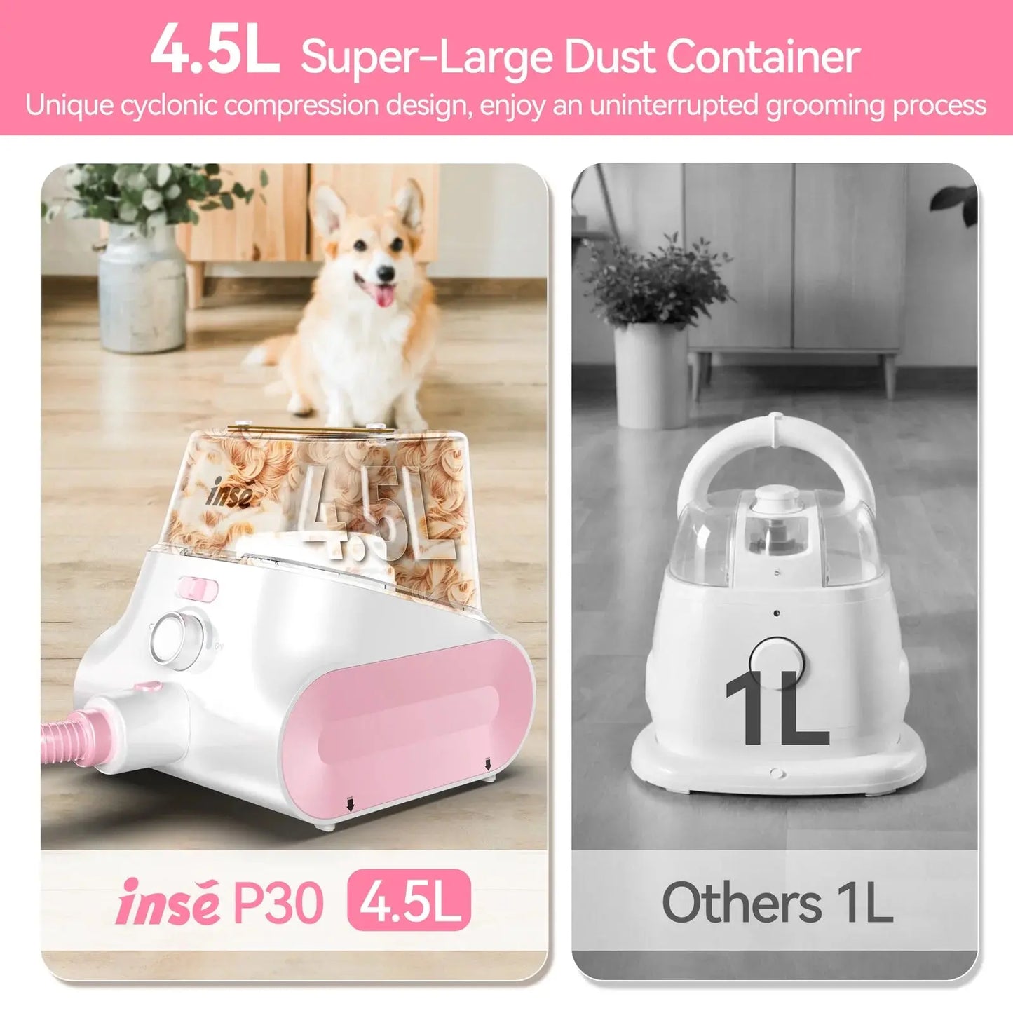 Grooming Vacuum, 4.5L Large Capacity Pet Grooming Kit & 5-In-1 Ultra-Low Noise Pet Grooming Vacu for Dog, Cat Excel Pets