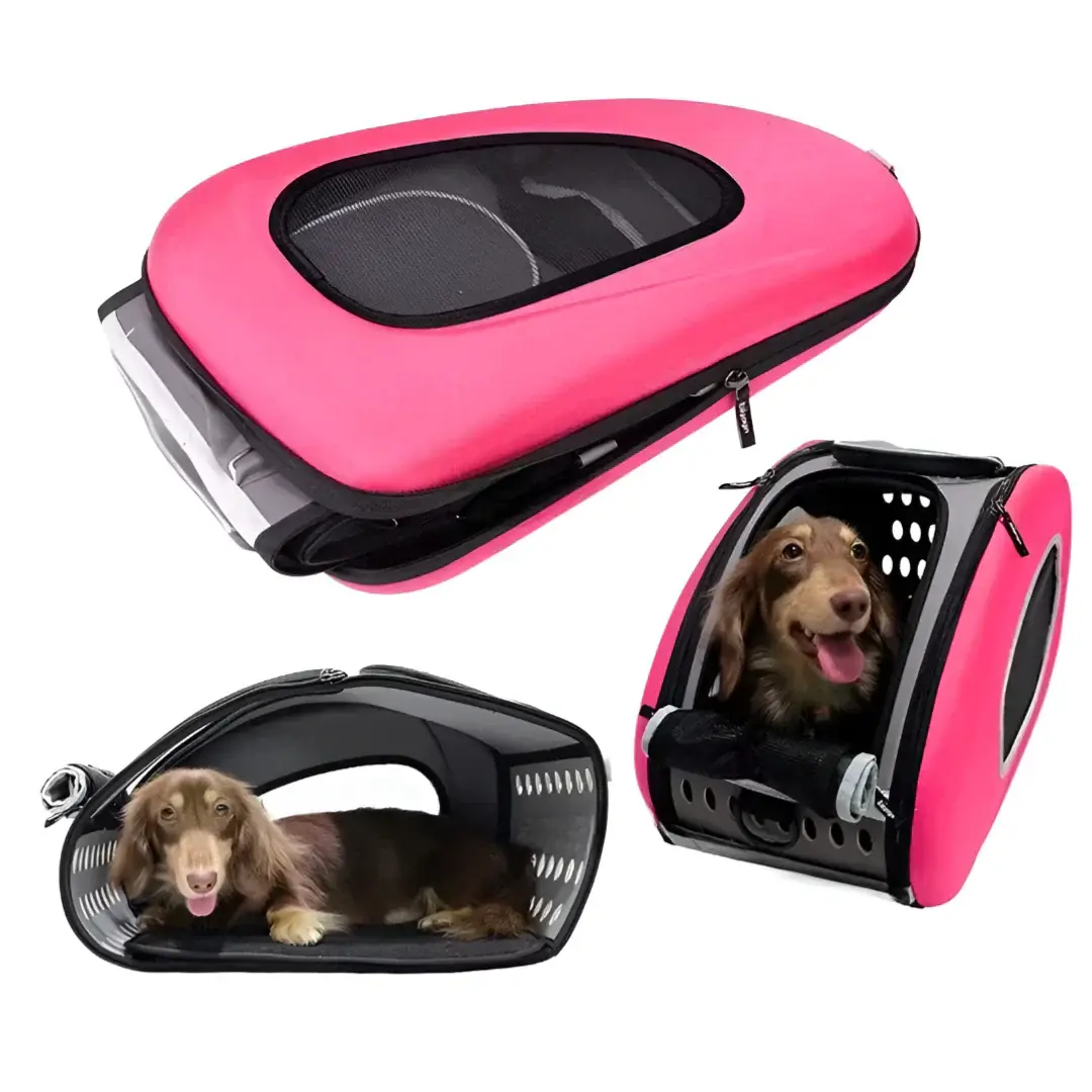 Pink PawPorta 4-in-1 foldable pet stroller shown in backpack and carrier modes with a small brown dog inside.