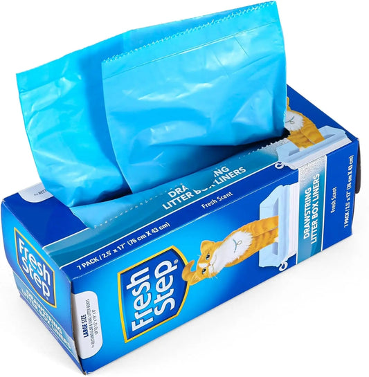 Fresh Step Drawstring Cat Litter Box Liners, Fresh Scent, Size Large,2.5"X17" - 7 Count | Kitty Litter Bags, Cat Litter Liners for All Cats to Keep Your Home Clean Fetch for Pets