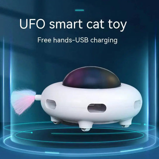 WhirlPlay UFO Teaser smart USB rechargeable spinning cat toy with replaceable feather for interactive play