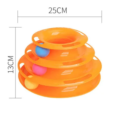 Orange interactive cat ball tower with three-tiered tracks and colorful balls for engaging feline play