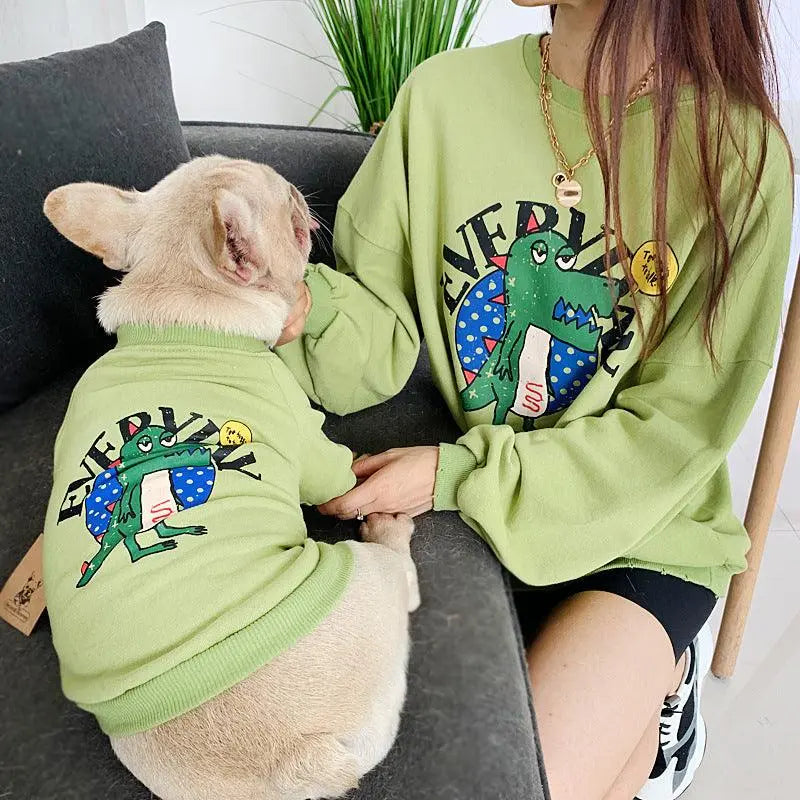 Panda Love Matching Pet and Parent green sweatshirts with dinosaur print for casual wear