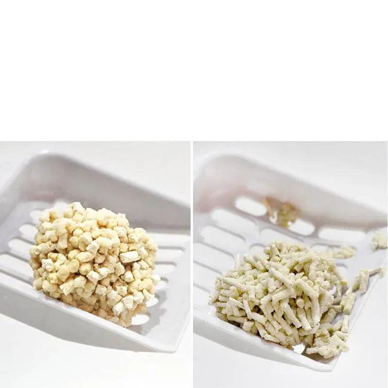 clumped Tofu Fresh Scented Space Litter pellets on white cat litter scoop
