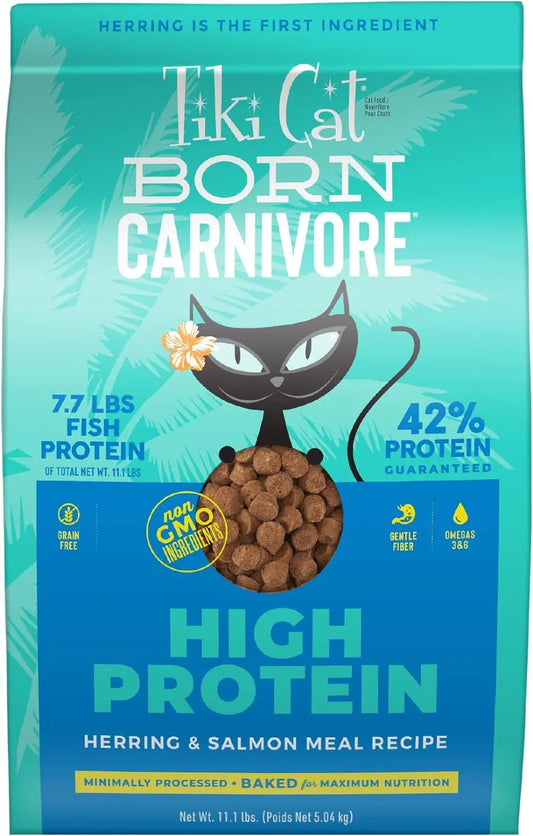 Tiki Cat Born Carnivore High Protein Dry Cat Food, Herring & Salmon Meal, 11.1 Lbs. Bag Excel Pets