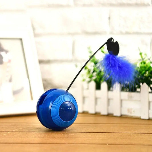 Blue Interactive Feathered Pet Tumbler toy with feather and black pole for cat entertainment