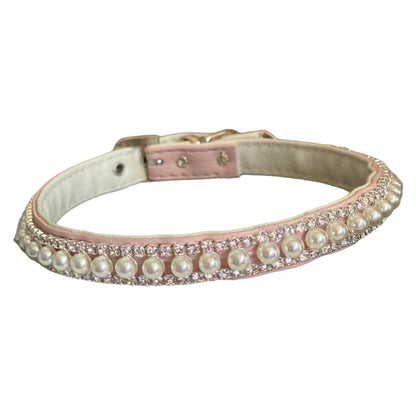 Bark Fifth Avenue Pretty in Pink Pearl and Rhinestone Collar for Dogs with White Stitching and Chrome D Ring Vegan Leather - Animals & Pet Supplies > Pet Supplies > Pet Apparel > Pet Collars & Ties Dog