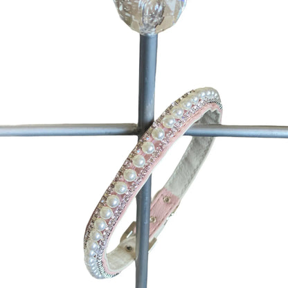 Bark Fifth Avenue Pretty in Pink Pearl and Rhinestone Collar for Dogs with White Stitching and Chrome D Ring Vegan Leather - Animals & Pet Supplies > Pet Supplies > Pet Apparel > Pet Collars & Ties Dog