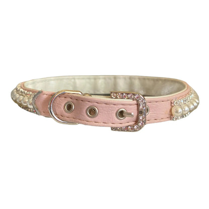 Bark Fifth Avenue Pretty in Pink Pearl and Rhinestone Collar for Dogs with White Stitching and Chrome D Ring Vegan Leather - Animals & Pet Supplies > Pet Supplies > Pet Apparel > Pet Collars & Ties Dog