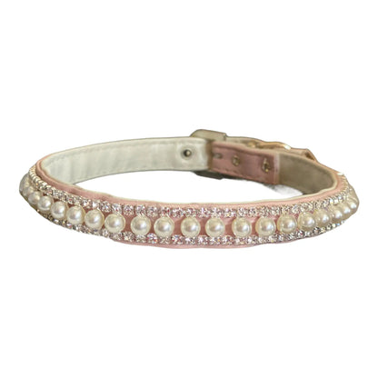 Bark Fifth Avenue Pretty in Pink Pearl and Rhinestone Collar for Dogs with White Stitching and Chrome D Ring Vegan Leather - Animals & Pet Supplies > Pet Supplies > Pet Apparel > Pet Collars & Ties Dog