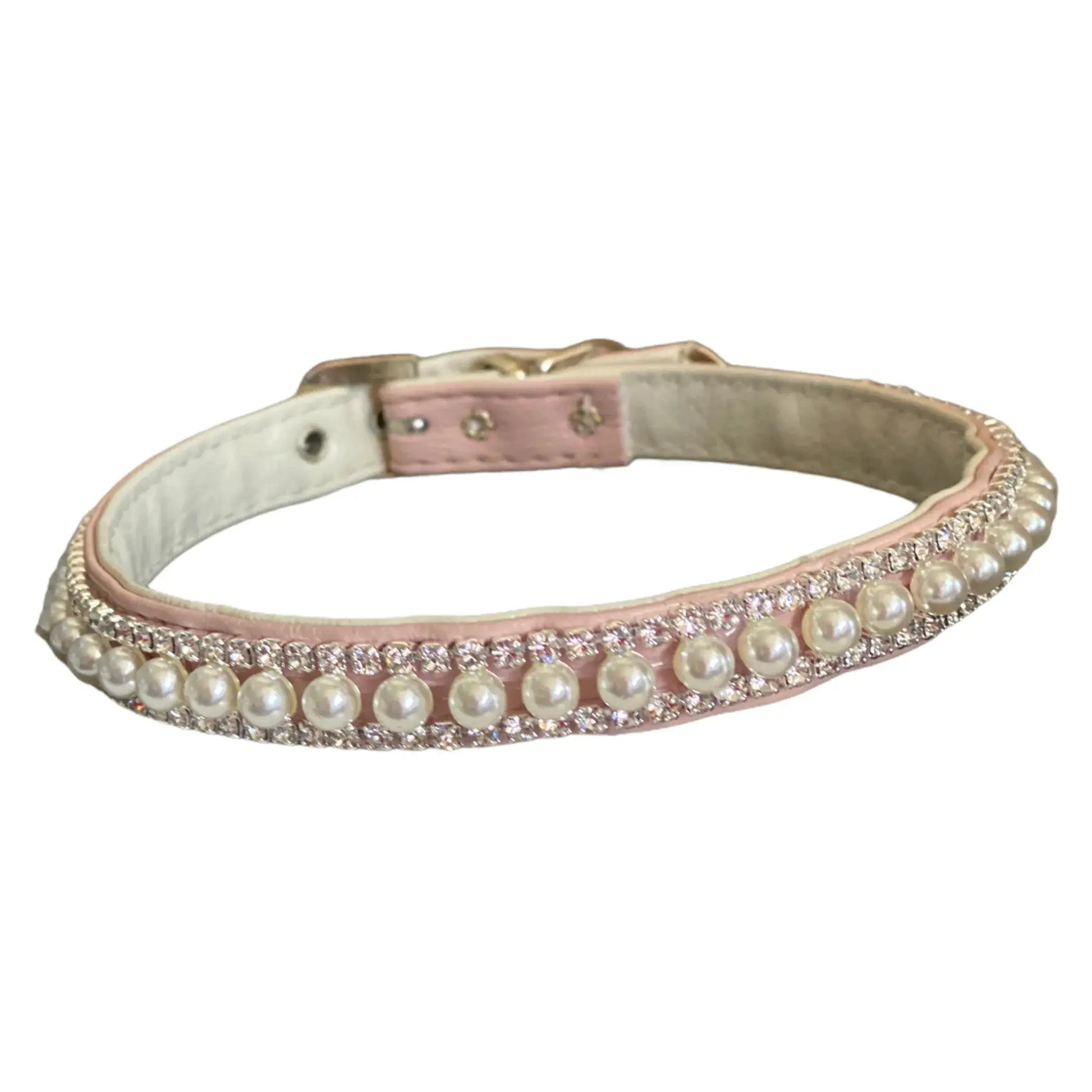 Bark Fifth Avenue Pretty in Pink Pearl and Rhinestone Collar for Dogs with White Stitching and Chrome D Ring Vegan Leather - Animals & Pet Supplies > Pet Supplies > Pet Apparel > Pet Collars & Ties Dog