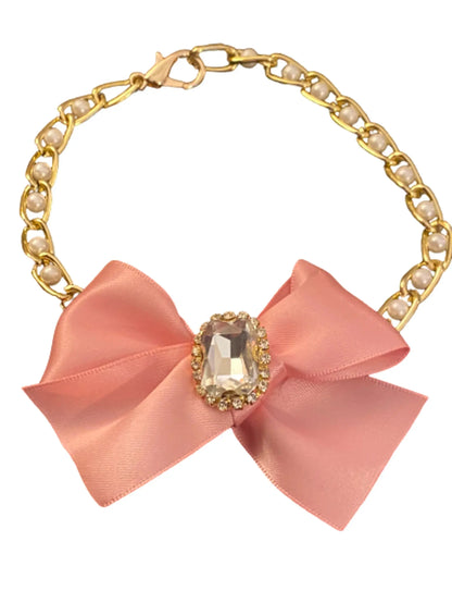 Bark Fifth Avenue Pearlella Collar By Bark Fifth Avenue With Gold Tone Chain Pearl Detailing Silk Bow And Rhinestone Accent - Animals & Pet Supplies > Pet Supplies > Pet Apparel > Pet Collars & Ties Dog