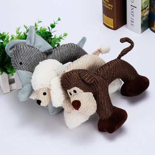 Interactive plush dog toys Whistle Pals in elephant, sheep, and dog shapes with built-in whistles for biting fun
