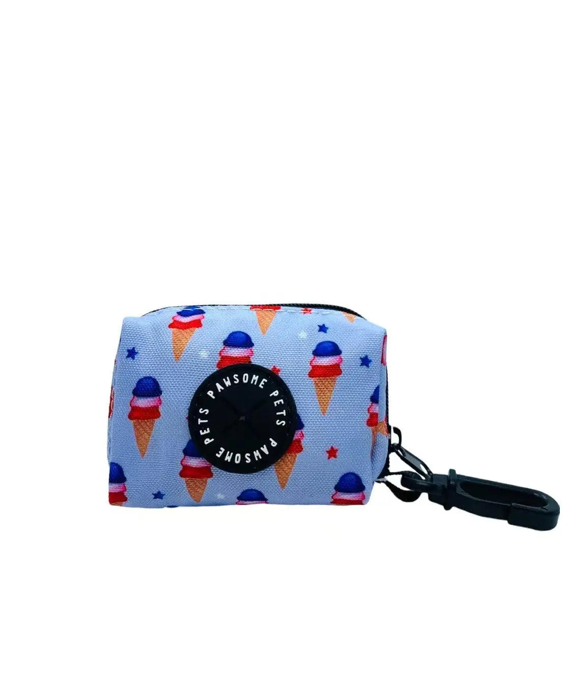 Blue neoprene waste bag holder with ice cream cone pattern and black clasp clip