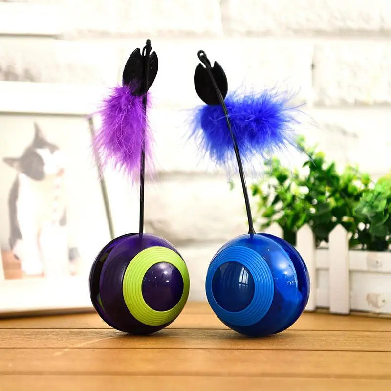 Blue and purple interactive feathered pet tumblers with feathers on black poles for cat entertainment