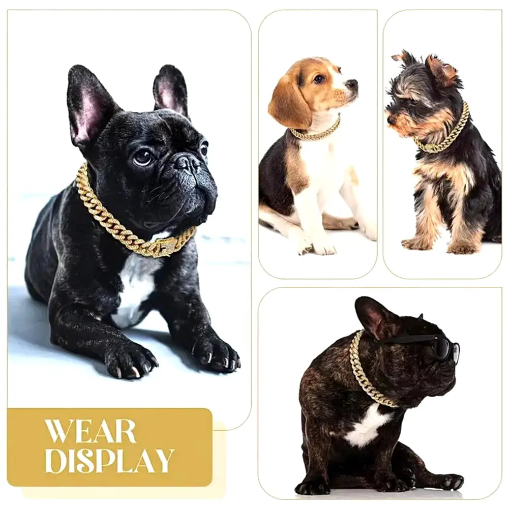 Dog Collar Sparkling Rhinestone Chain Collar for Small Medium Dogs Metal Cat Necklace with Gold Link Pet Jewelry Accessories Excel Pets