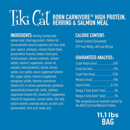 Excel Pets Tiki Cat Born Carnivore High Protein Dry Cat Food Herring and Salmon Meal 11.1 lb Bag - Animals & Pet Supplies > Pet Supplies > Cat Supplies > Cat Food > Non-Prescription Cat Food cat