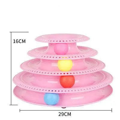 Pink interactive cat ball tower toy with four-level track and colorful balls for playful cats
