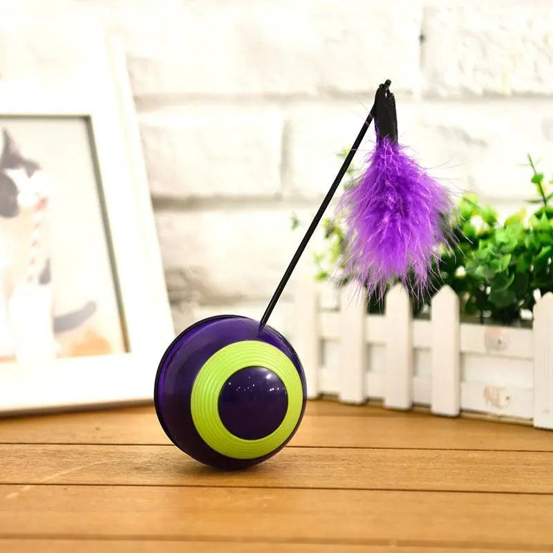 Interactive feathered pet tumbler toy with purple and green ball and attached purple feather for cat entertainment