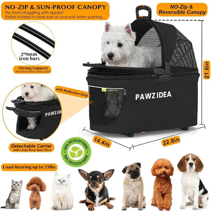 pawzidea 4 In 1 Pet Stroller For Small Dogs And Cats With Detachable Carrier No Zip Canopy Foldable Eco Friendly Jogger - Animals & Pet Supplies > Pet Supplies > Pet Strollers > Jogging Strollers Dog