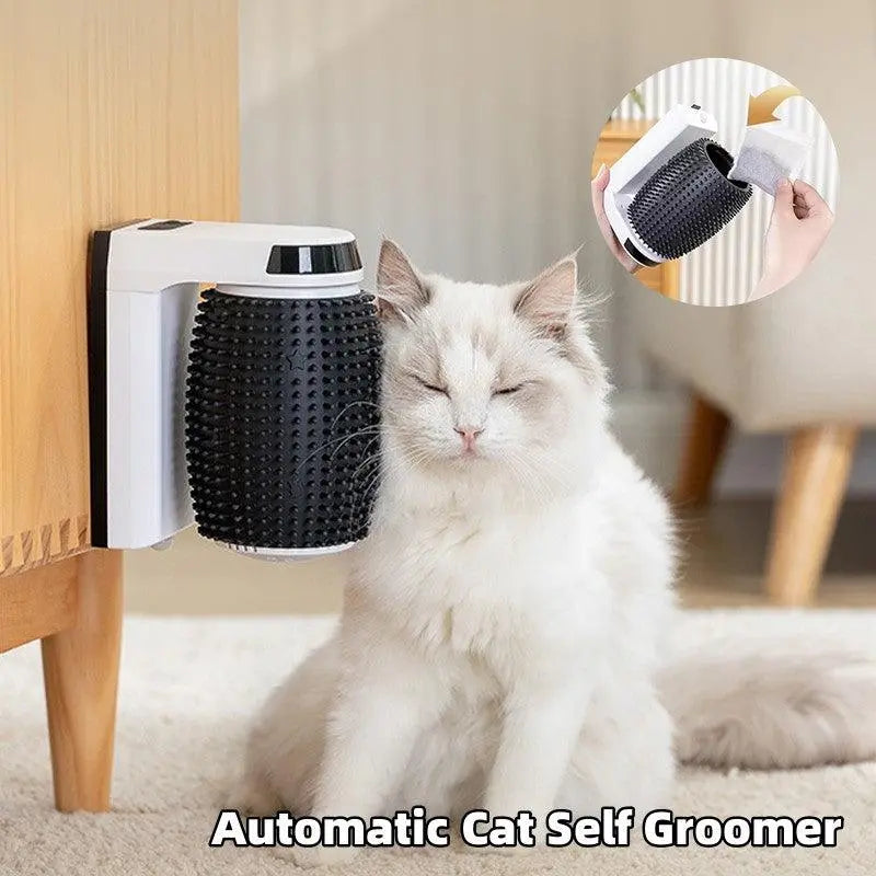 Ultimate Cat Spa Corner Groomer automatic self-grooming brush for cats mounted on furniture edge with white cat enjoying grooming session