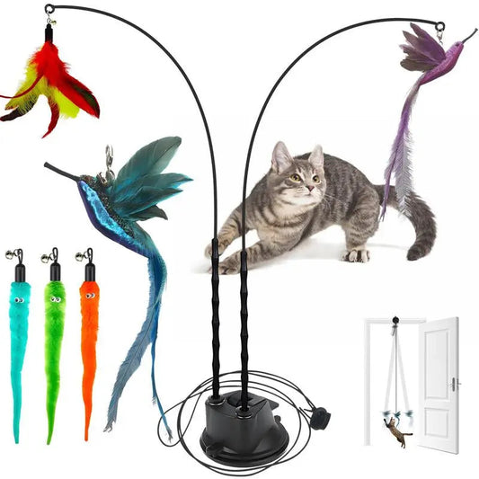 Cat toy set with two feather wands, six colorful feather attachments, suction base for hands-free play, and a playful gray tabby cat.
