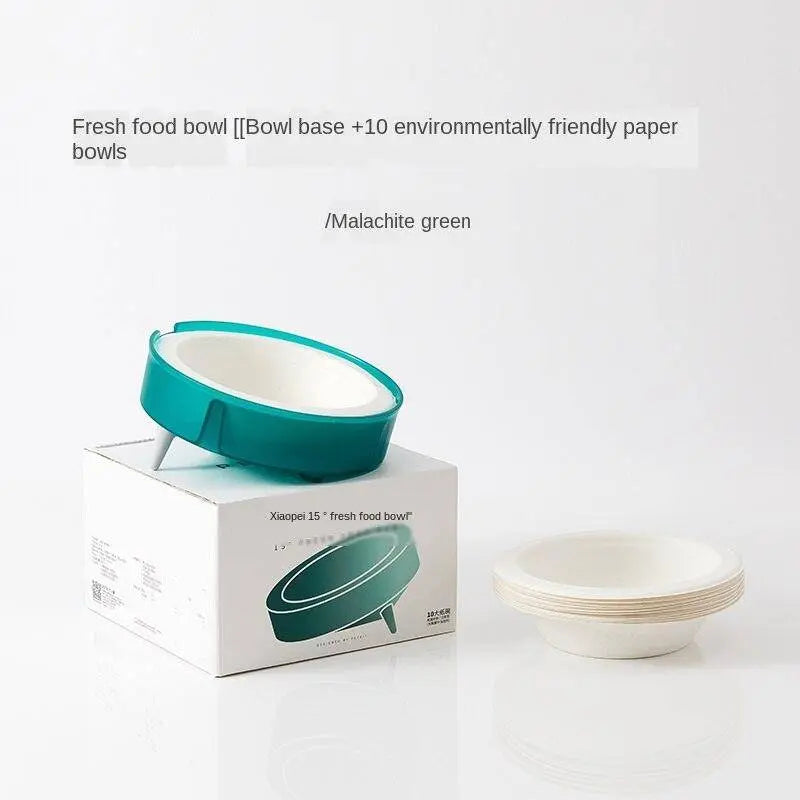Eco-friendly cat and dog food bowl set with replaceable paper bowls in malachite green and Tangle Tango orange