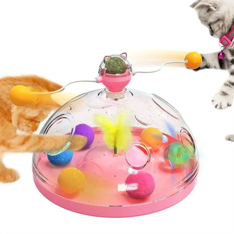 Whisker Wonderland interactive cat toy with colorful balls, feather teaser, and twirling catnip ball in pink base