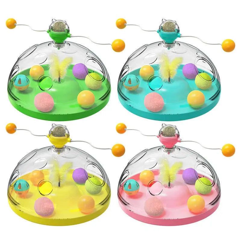 Whisker Wonderland interactive cat toy with colorful balls, feathers, and twirling catnip ball in multiple base colors