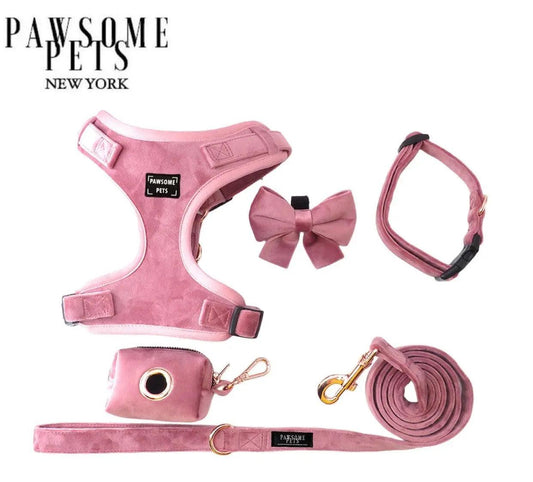 Light pink adjustable pet harness, collar, leash, bowtie, and waste bag holder set