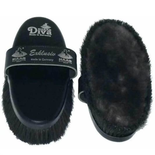 Haas Diva Exclusive Grooming Brush - Luxurious Matte Lambskin Black with Horse Hair Bristles, Perfect for Equine Care Haas