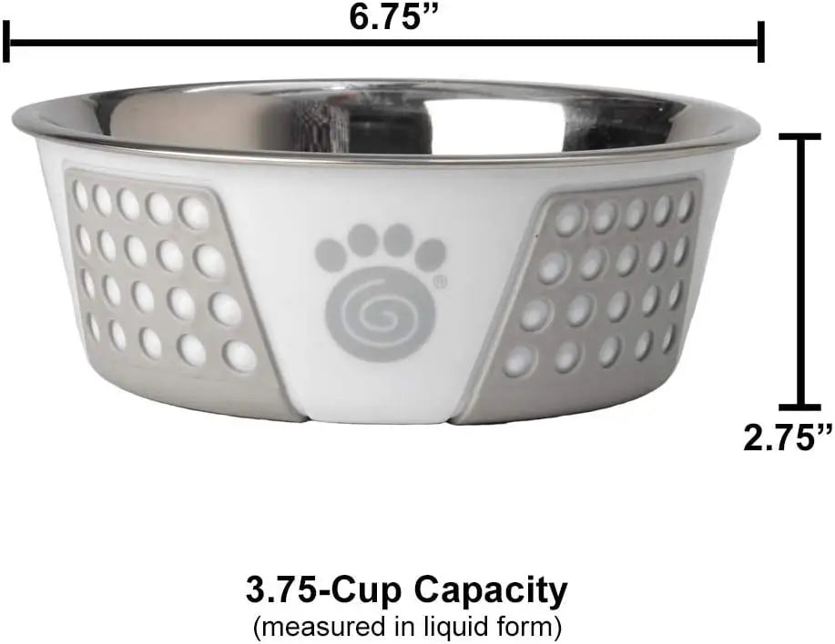 Petrageous Fiji Stainless Steel Non-Slip Dog Bowl - 3.75-Cup Capacity, 6.75-Inch Diameter, Perfect for Medium and Large Dogs, Elegant White and Grey Design Pet Rageous Designs