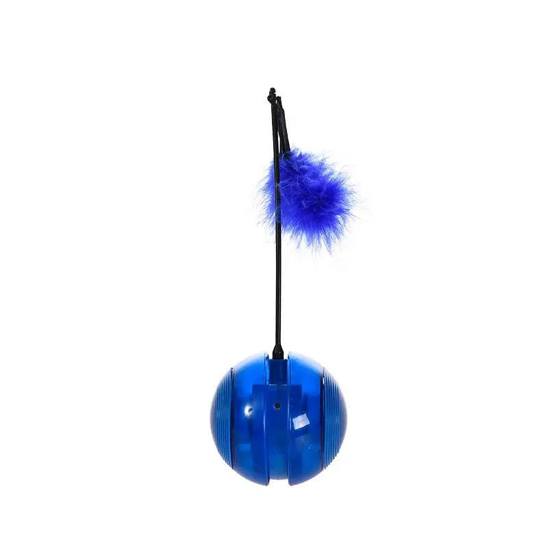 Blue Interactive Feathered Pet Tumbler with ball, black pole, and feather toy for cats